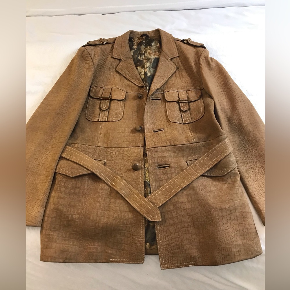 Vintage Leather Belted Jacket 38 Warm Brown Soft Suede Croc Gator M 50s 60s 70s